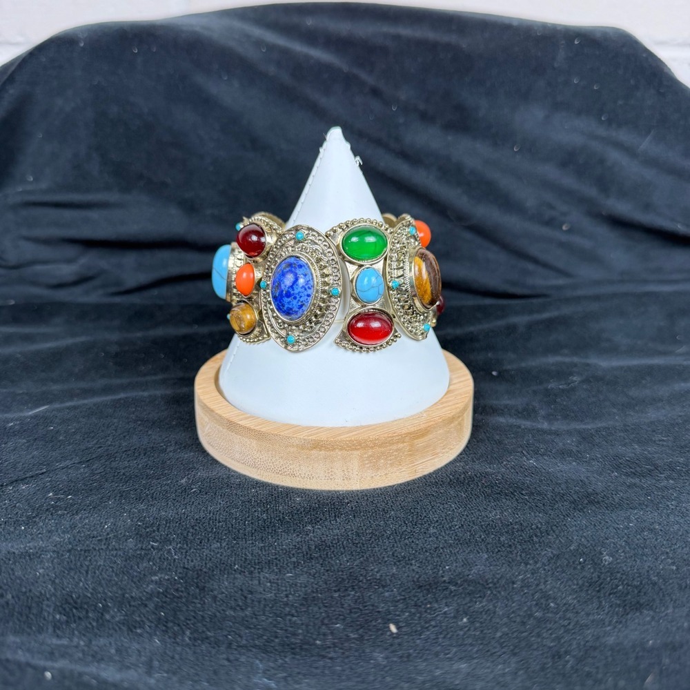 Vtg R.J. Graziano Multi-Stone Cabochon Bracelet Byzantine Revival Gold Stretch